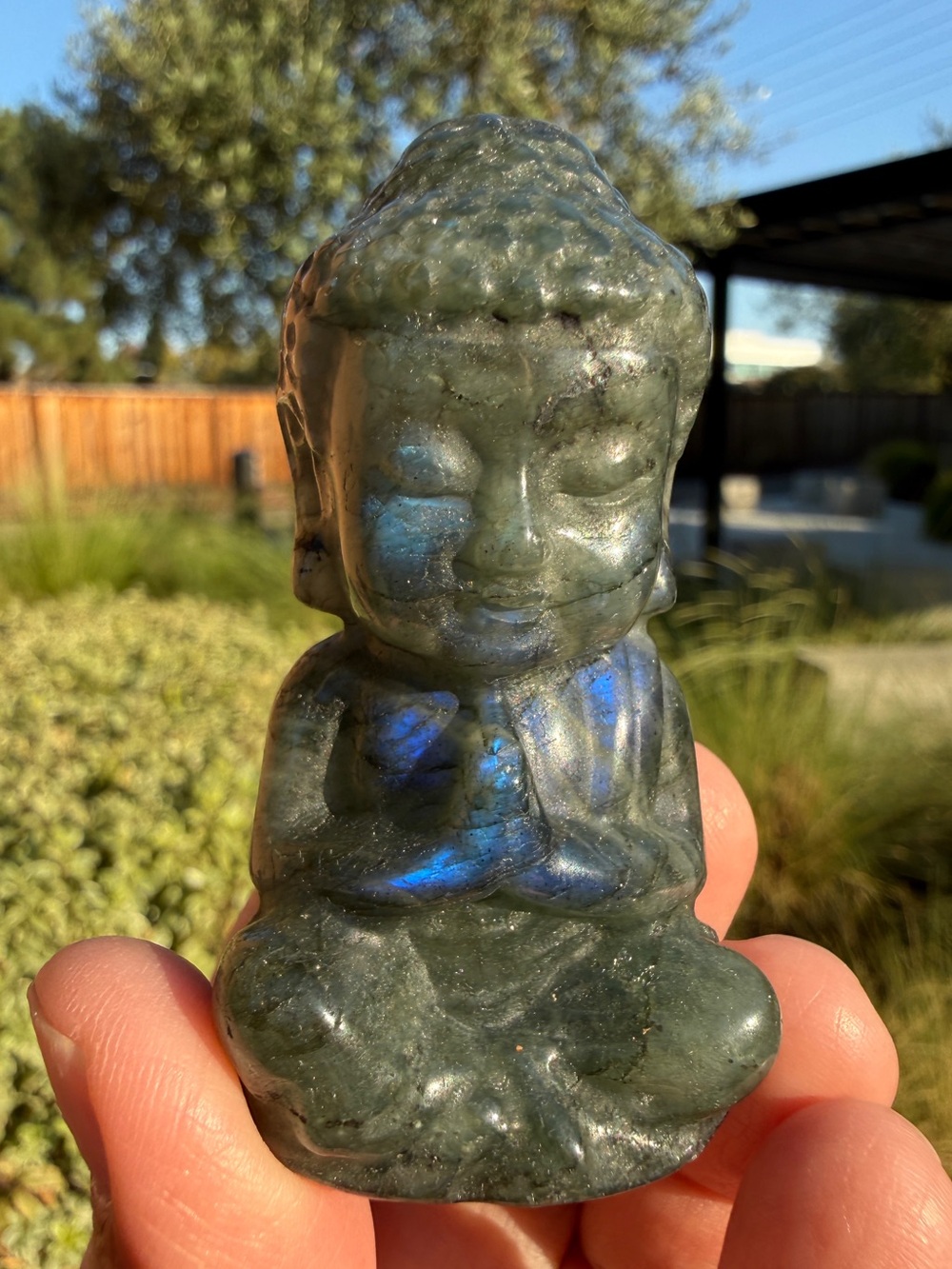 2.5" Natural Labradorite Hand Carved Buddha Statue Blue Flash